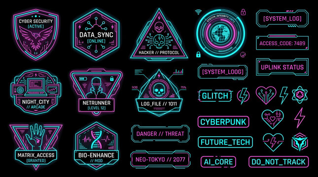 Cyberpunk Neon Badge and Futuristic Tech Interface Elements Vector Set