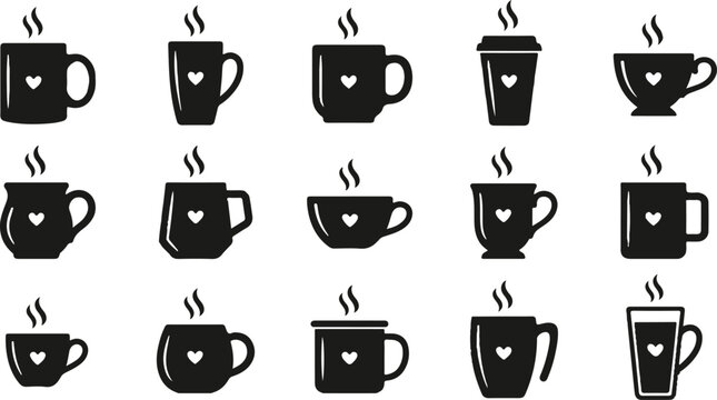 Variety of black coffee mugs with steam icons for cafe and beverage designs