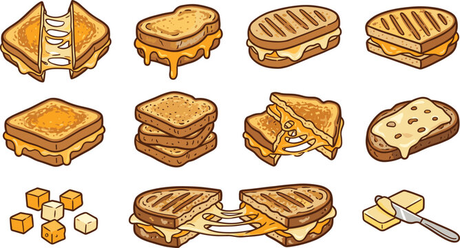 Grilled cheese sandwich vector illustration collection featuring toasted panini cheese pull melted cheddar slices bread stack butter knife and cheese cubes icons isolated on white background