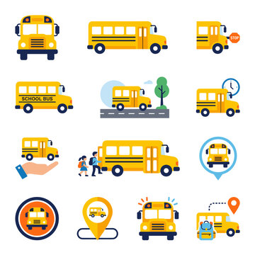 Collection of yellow school buses traveling and stopping icons in urban scenes.