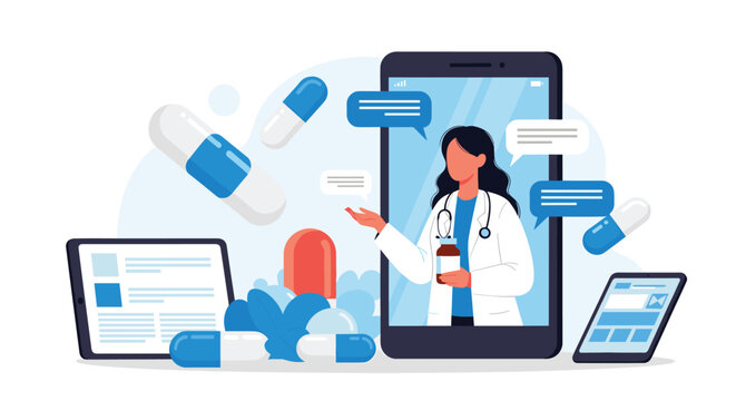 Female doctor consults patient online via smartphone, recommending pills and medical prescriptions for telehealth.