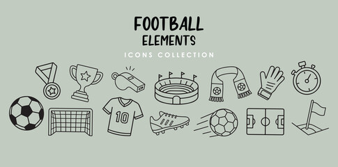 Football Icons Set, Soccer Outline Clipart Collection, Sports Equipment Line Icons, Stadium Ball Goal Jersey Trophy Referee Vector Elements © ElenaVector44
