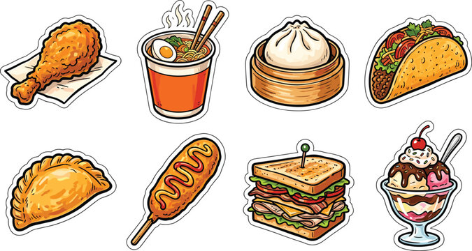Delicious street food and fast food stickers vector collection featuring fried chicken drumstick ramen noodles dim sum dumpling taco empanada and ice cream sundae isolated on white background
