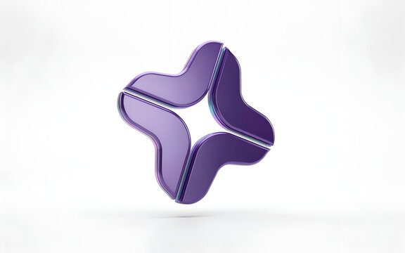 Abstract violet shape with four curved elements rotating around a central void during studio lighting