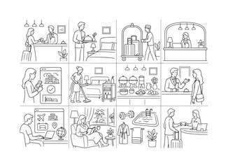 Obraz premium Hospitality Outline Icons. Hospitality Outline Icons collection of 12 scenes: hotel check-in, room service, luggage handling, reception desk, booking confirmation, cleaning service, breakfast buffet,