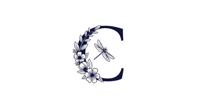 Elegant Letter C with Dragonfly and Floral Design.