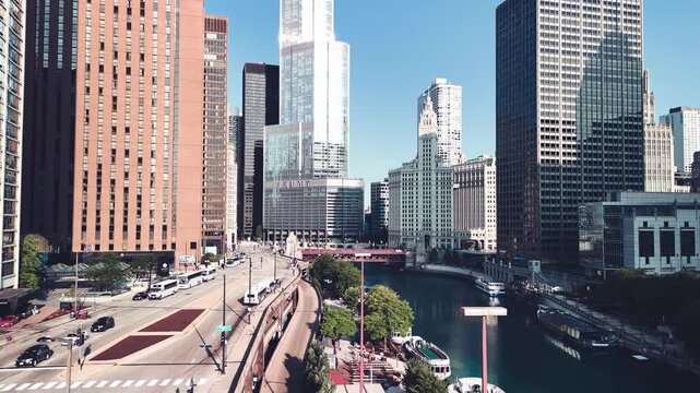 Breathtaking aerial perspective of Chicago skyscrapers towering over the winding Chicago River