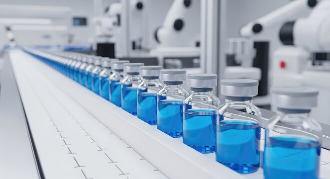 A detailed close up shot of glass pharmaceutical vials moving along a sterile conveyor belt system inside a modern automated laboratory, line, chemistry, laboratory