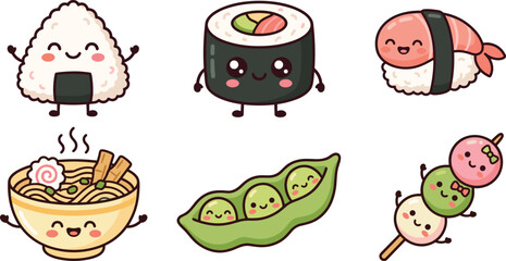 Cute kawaii Japanese food vector characters set featuring smiling onigiri rice ball maki sushi nigiri ramen noodle bowl edamame and dango stick icons isolated on white background © MST
