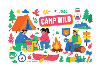 Naklejka premium Forest Camp Doodles banner illustration, playful woodland adventure scene with oversized tent and campfire, 3 expressive stylized human characters unpacking a backpack beside bear badge shapes and