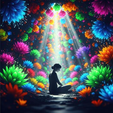 A monochromatic form sits within a kaleidoscope of vivid flora and bright sunlight, depicting an emotional void amidst celebration, art, flowers, flora