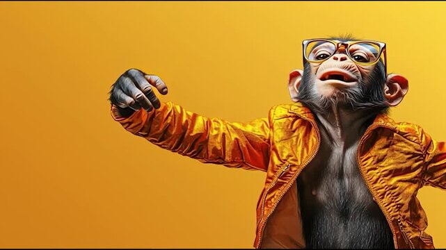 Chimpanzee in stylish outfit strikes confident pose against orange backdrop