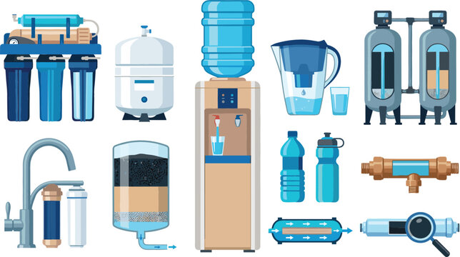 Water purification and filtration system vector set with reverse osmosis cooler dispenser pitcher tap filter cartridges and bottled drinking water icons