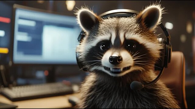 Cute raccoon wearing headphones at work desk