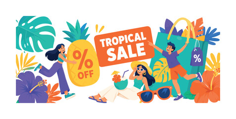 Naklejka premium Tropical Sale wide panoramic website header banner with 2 expressive stylized shoppers interacting with oversized pineapple coupon and giant tropical shopping bag spanning all edges, with monstera