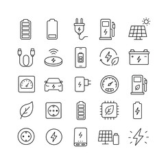 Fototapeta premium Charging Power Energy, line icon set with 25 clean outline icons related to charging: battery full, battery low, lightning plug, EV charging station, solar panel, power cable, wireless charging pad,