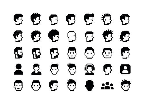 Pixel Male Hairstyle Avatars. Solid glyph icon set of male profile avatars and hairstyle variations: short hair head, curly hair head, buzz cut head, side part head, pompadour head, mohawk head,