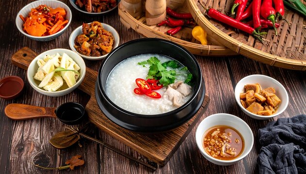 A steaming bowl of porridge with various toppings and side dishes on a wooden table