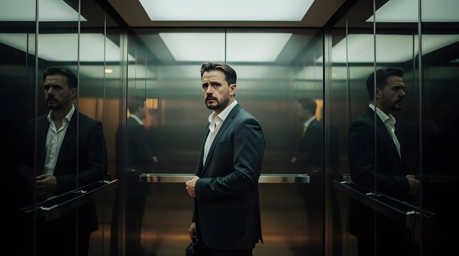 A serious businessman standing inside a modern elevator with multiple mirror reflections.