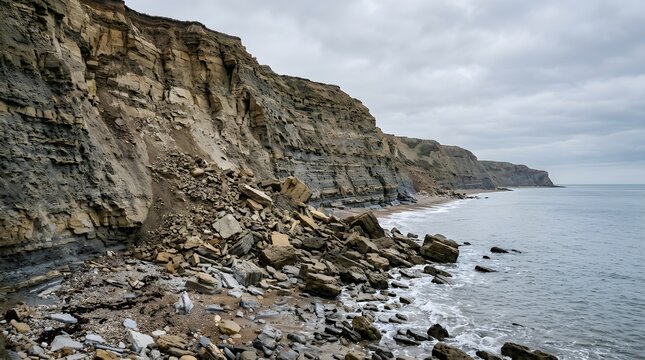 Coastal cliff erosion showing a massive rockfall on the beach after heavy waves.