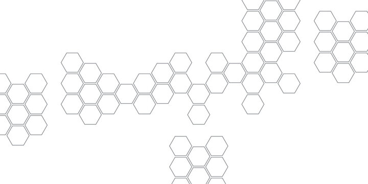 White hexagon background with abstract black honeycomb outlines, linear geometric cells and clean structure, modern tech design for wallpaper, cover and web.