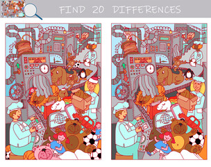 Fototapeta premium Find the differences game. Toy factory. Conveyor. Puzzle game for kids. Waiting for Christmas. Sketch vector illustration.