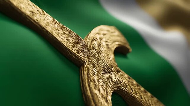 Sword Metallic Embroidery Detail on Waving Green Flag Fabric