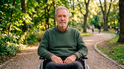 Fototapeta premium Elderly man in wheelchair enjoying a park stroll with blurred background people