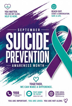 Suicide prevention awareness month purple and teal ribbon poster with supportive messages and crisis hotline information