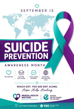 Suicide prevention awareness month with purple and teal ribbon and world map background