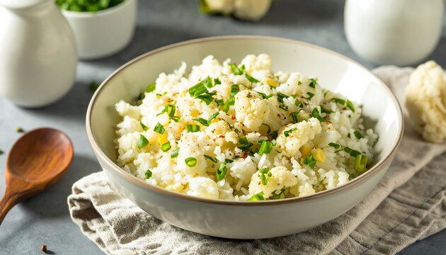 A steaming bowl of rice and vegetable dish garnished with green herbs on a table