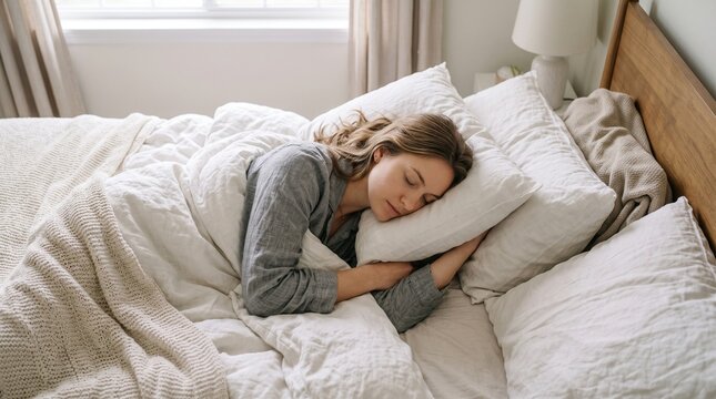 Woman peacefully sleeping in a comfortable bed with soft white linens and pillows