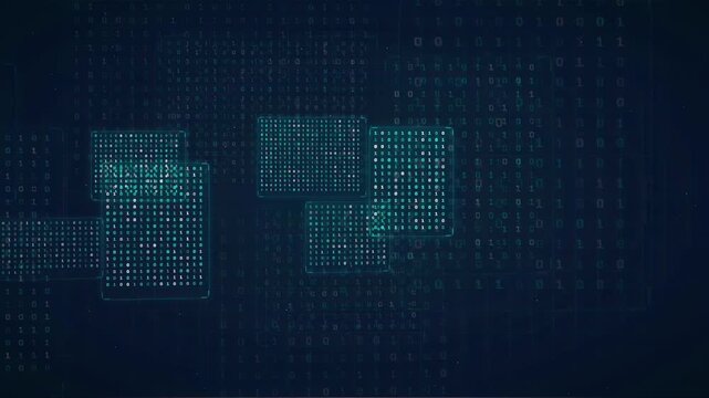 Abstract digital data stream with glowing blue binary code and floating futuristic interface elements