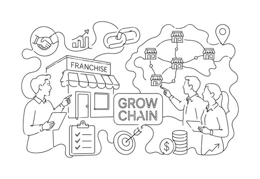 Franchise Business Chain Icons. Clean one-line drawing composition with franchise stores, chain links, expansion map across canvas, 2?3 characters, oversized shop and network nodes, small business