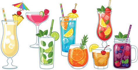 Colorful tropical summer cocktails and fruit smoothies set including pina colada mojito blue hawaiian aperol spritz and berry mocktail on white background © MstKhyrun