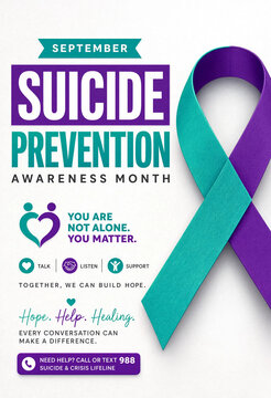 Suicide prevention awareness month poster with purple and teal ribbon  support and hope for mental health