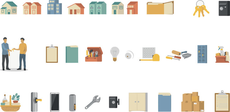 Real estate deal and home improvement flat vector icon set with house models keys handshake clipboard folders tools toolbox moving boxes and renovation elements