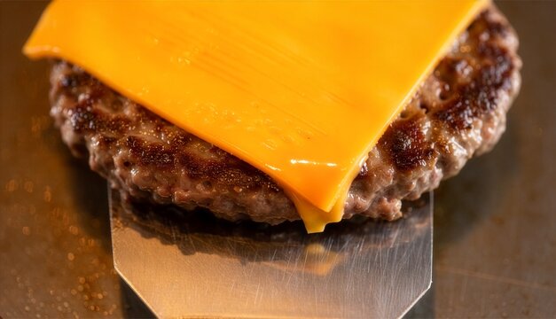 Top-down macro shot of a slice of yellow cheddar cheese melting over a grilled beef burger patty on a metal spatula, shallow depth of field, professional commercial food photography.