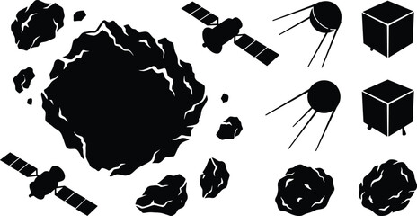 Outer Space and Astronomy Vector Icon Set Featuring Black Silhouette Asteroids Meteorites Communication Satellites Sputnik and CubeSat Research Technology Elements © MD