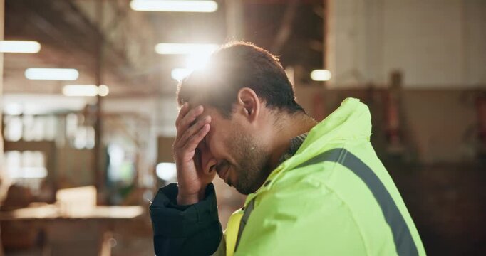 Man, carpenter or stress with headache for mistake, supplier issue or distribution fail in warehouse. Frustrated, male person or contractor with lens flare, helmet or migraine for delivery deadline