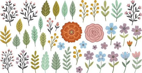 Floral botanical element vector set with colorful folk art flowers leaves twigs and berries for decorative wedding greeting card design © Rumi