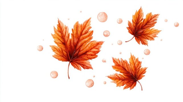 Vibrant autumn maple leaves with dew drops, watercolor illustration