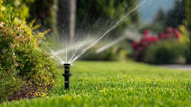 A lawn sprinkler sprays water over a green grass yard in sunlight. Ideal for home landscaping and irrigation services.