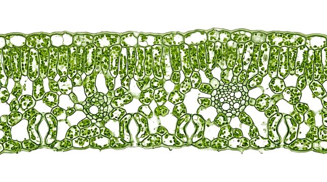 Microscopic view of plant stomata on green leaf. Close-up cross-section showing cellular structure and pores. Scientific illustration for biology a...
