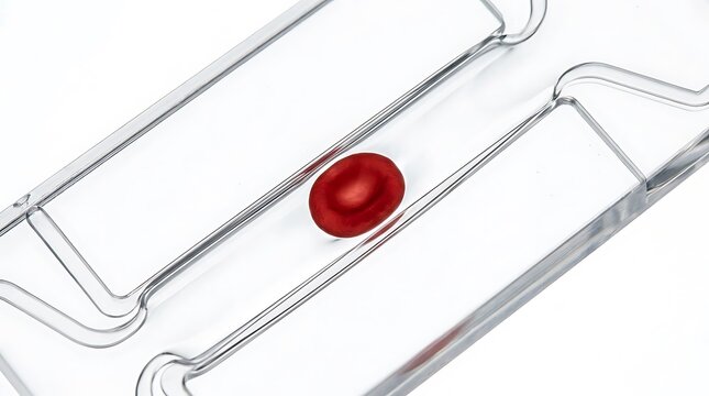 Red blood cell flowing through microchannel. Medical 3D illustration of erythrocyte in microfluidic device. Biomedical research visualization for d...