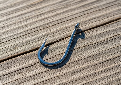 A sharp metallic fishing hook sits on a weathered wooden surface, showcasing its curved barb and steel finish for outdoor angling sports, outdoors, point, hobby