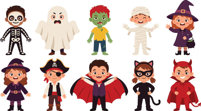 Cute kids in Halloween costumes vector set with vampire witch skeleton ghost mummy pirate zombie devil and cat party characters