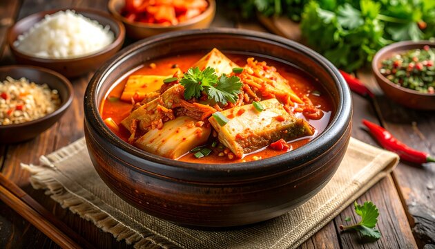 A steaming bowl of soup with tofu and greens on a wooden table