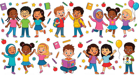 Fototapeta premium Diverse multicultural happy kids character set back to school elements icons holding hands giving high five reading and celebrating on white background