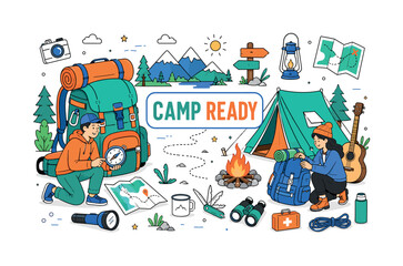 Naklejka premium Camping Adventure Essentials. Banner illustration about camping essentials with one oversized backpack and one oversized tent campfire setup, two geometric outdoor travelers arranging compass,